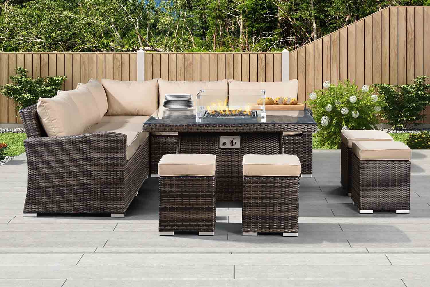 Outdoor Furniture with fire pit ：Deluxe Fire Pit Corner Set