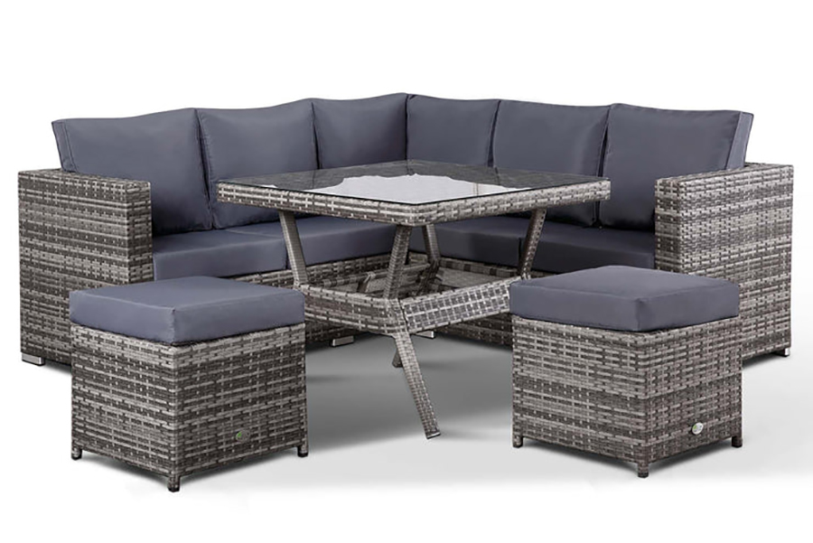 Corner Sofa with Dining Table and 2 Stools in Small Grey Rattan