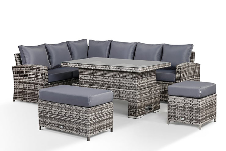 Corner Sofa with Rising Table, Bench and Stool in Small Grey Rattan