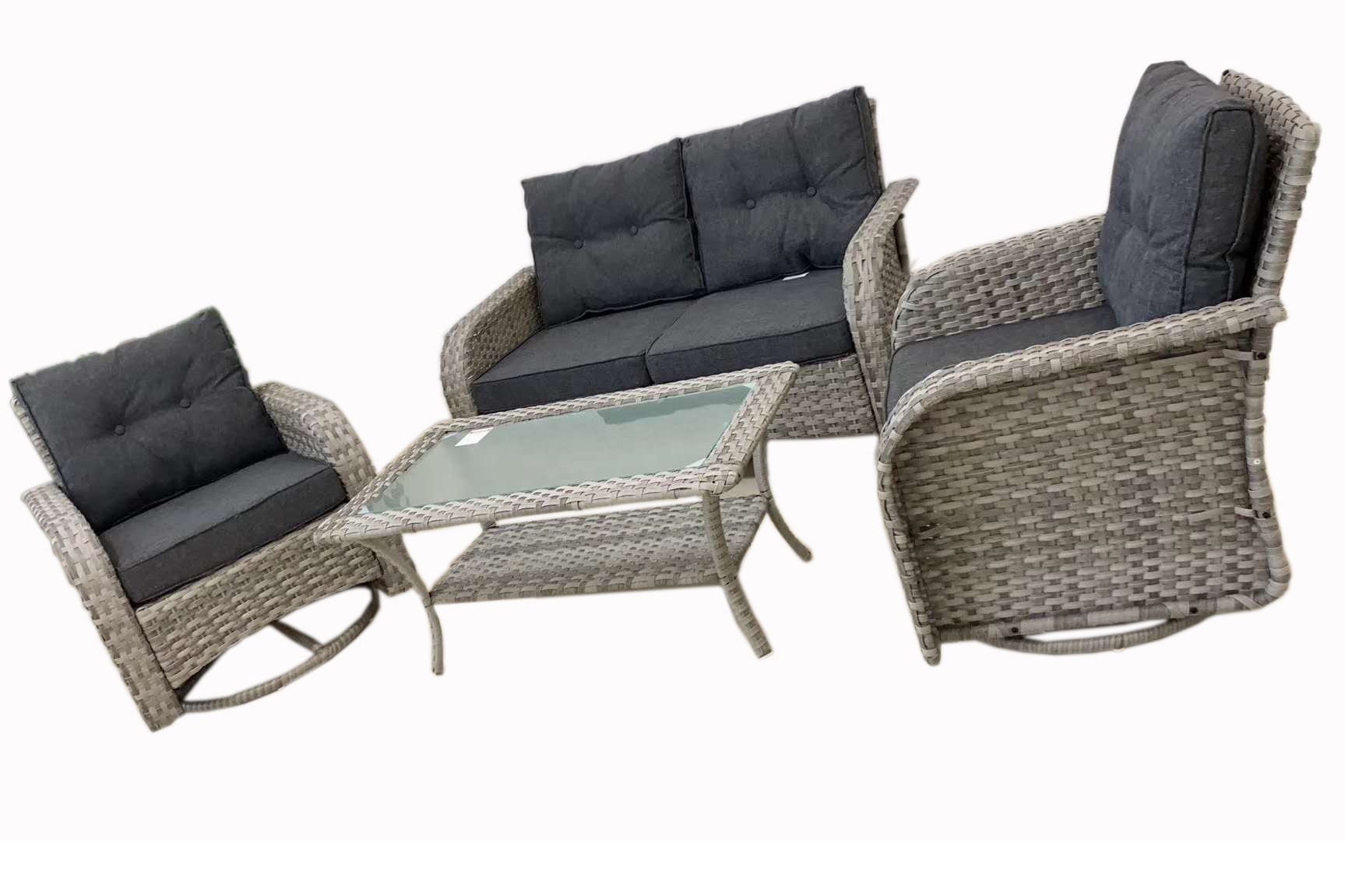 4-Pieces Patio Wicker Furniture Set, 360° Swivel PE Rattan Rocking Chairs with coffee table and Cushions