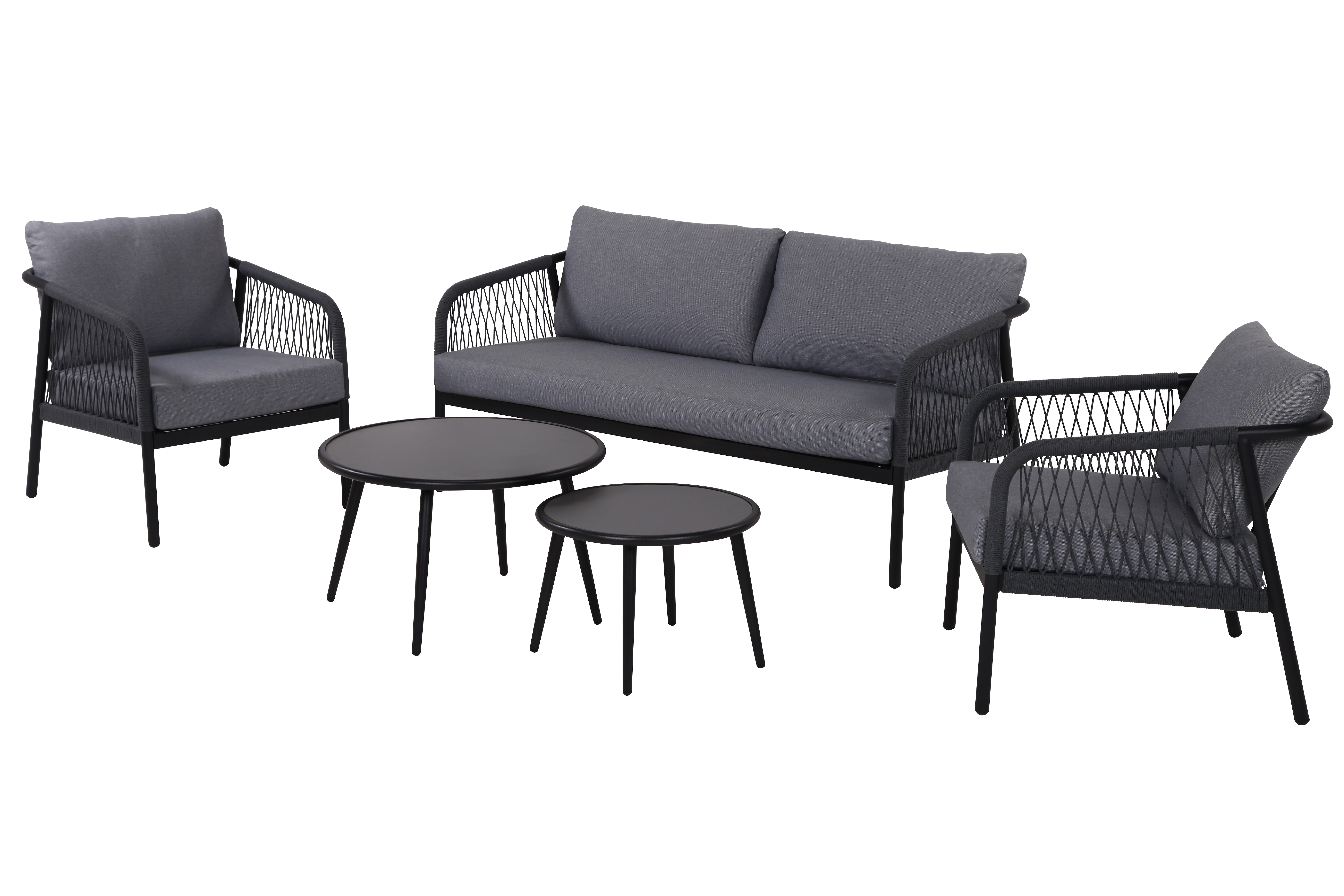 Outdoor Aluminium and Rope Lounge Chair – Charcoal dark grey, with outdoor cushions