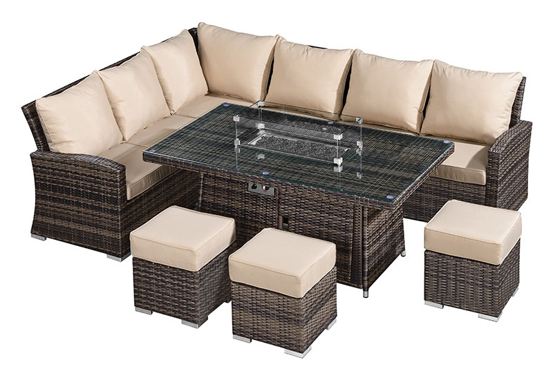 Rattan Corner Dining Set with Gas Firepit Table
