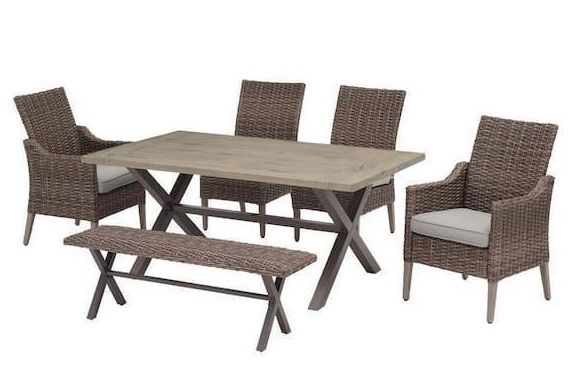 Rock Cliff 6-Piece Brown Wicker Outdoor Patio Dining Set with Bench and CushionGuard Stone Gray Cushions